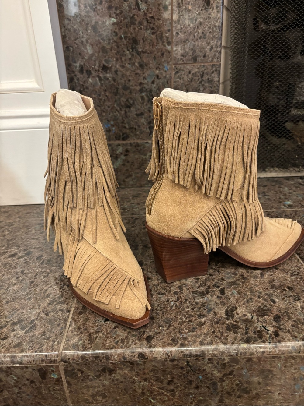 Dolce Vita Beige Suede Fringe Ankle Boots